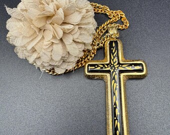 Sarah Coventry Mythology Cross Pendant Necklace: Gold & Navy Enamel, 1978 Limited Edition