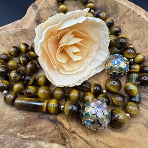 Vintage Tiger’s Eye & Cloisonné Bead Necklace | Hand-Knotted Natural Stone Gold Tone Accents | Boho Statement Jewelry