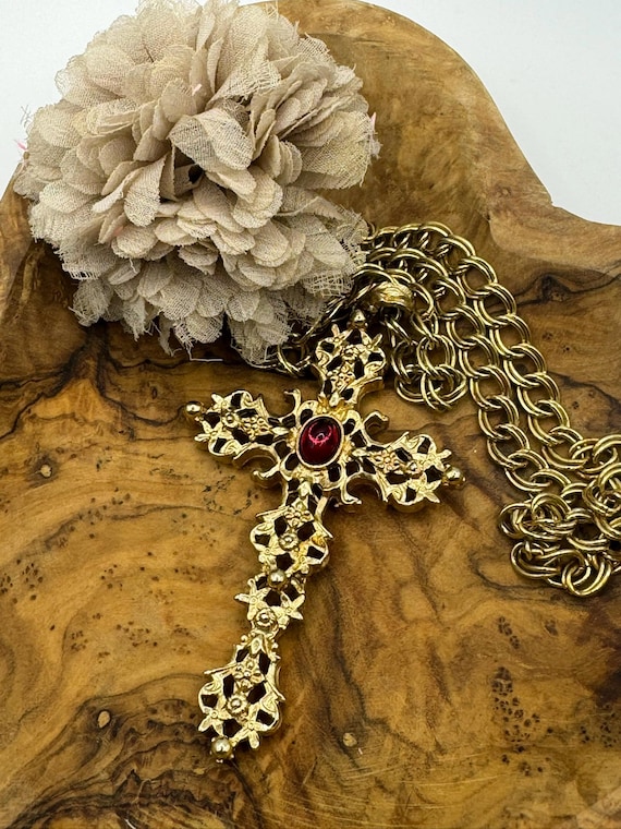 Vintage AVON Abbey Cross Necklace: Gold Tone, Red Glass Stone, 1970s Jewelry