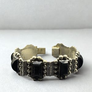 Vintage Mexican Sterling Silver Onyx Bracelet: TAXCO Artisan Hinged Panel Design