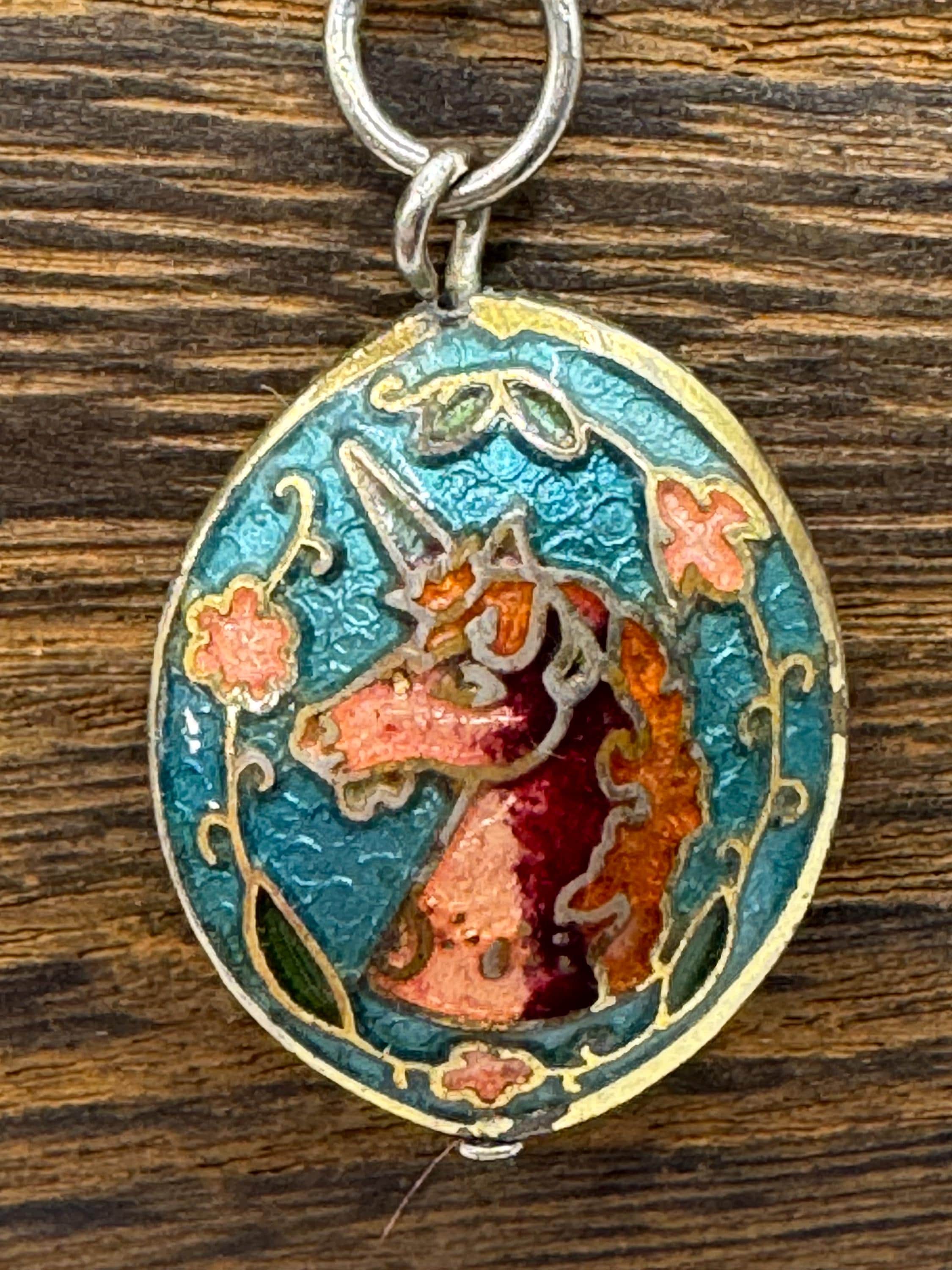Collier Vintage Pendentif Licorne En Cloisonné - Multicolore - Occasion (bon état)