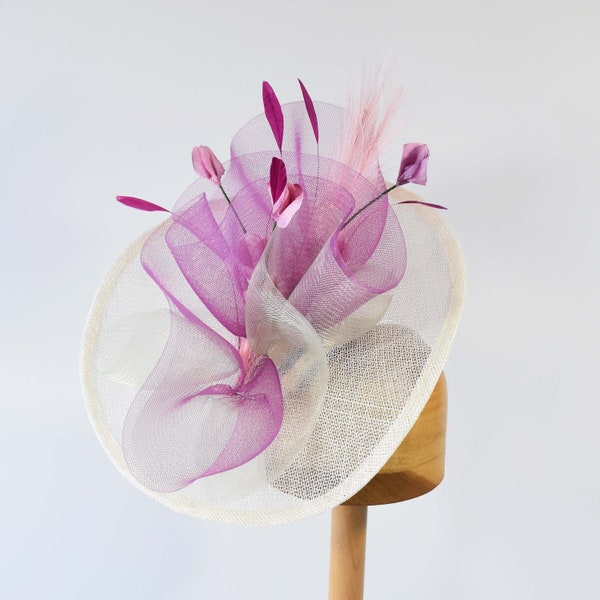 Orchid Purple Round Fascinator with Horsehair swirls, Flowers and Feathers Hat Art By Cathy