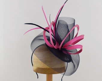 Navy and Pink Fascinator Sinamay and Horsehair Hat with Loops and Feathers,  Hat Art By Cathy