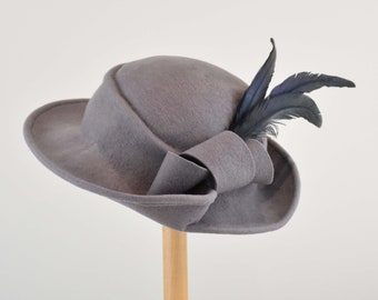 Hand Sculpted Felt Hat with Felt Knot and Feathers.   Hat Art By Cathy