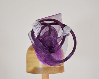 Plum Purple Fascinator with Matching Horsehair, Loops and Striped Feathers Fascinator   Hat Art By Cathy