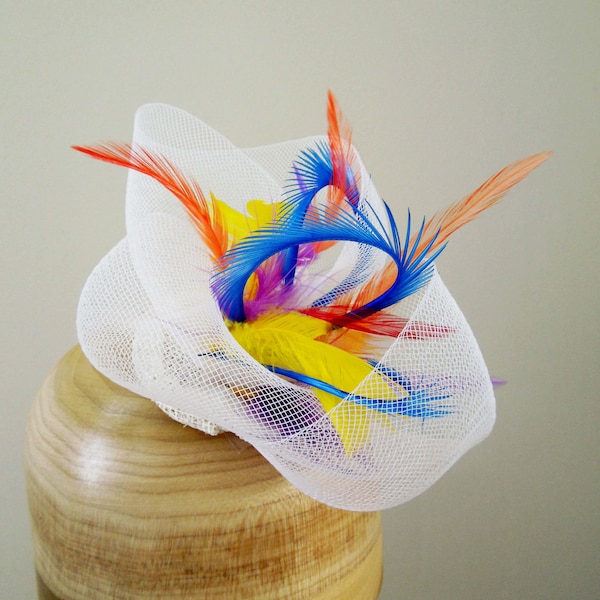 Multicolored Mini Fascinator Horsehair Hat with a Rainbow of Colored and Whorled Biot Feathers Hat Art by Cathy