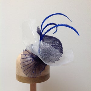 Navy Fascinator Sinamay and Pleated Horsehair Hat with Feathers. Hat Art By Cathy image 1