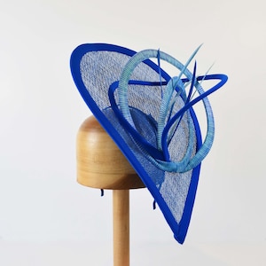 Cobalt and Sea Blue Fascinator Teardrop Sinamay with Loops and Feathers.   Hat Art By Cathy