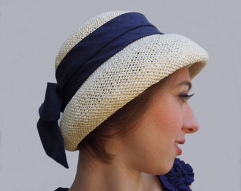 Hand Scuplted Toyo Straw Cloche Hat with Band and Bow  Hat Art By Cathy