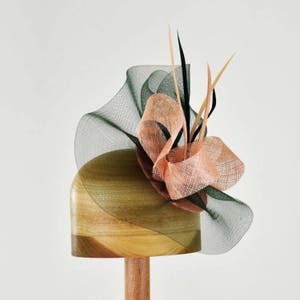 Green and Peach Fascinator Sinamay and Horsehair Hat with Feathers Hat Art by Cathy