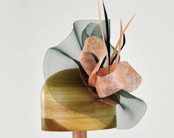 Green and Peach Fascinator Sinamay and Horsehair Hat with Feathers Hat Art by Cathy