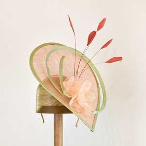 Peach and Green Fascinator Teardrop Sinamay with Loops, Flower and Stripped Coque Feathers.   Hat Art By Cathy