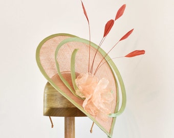 Peach and Green Fascinator Teardrop Sinamay with Loops, Flower and Stripped Coque Feathers.   Hat Art By Cathy