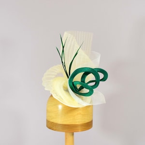 Green and Ivory Fascinator Pleated Horsehair and Sinamay Hat with Loops and Feathers.  Hat Art By Cathy