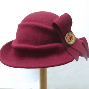 Hand Scuplted Wool Felt Hat with Wooden Button.   Hat Art By Cathy