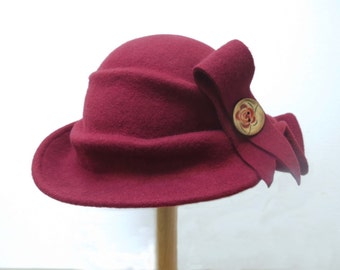 Hand Scuplted Wool Felt Hat with Wooden Button.   Hat Art By Cathy