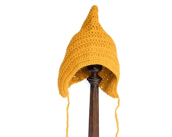 mustard baby bonnet, hand knit baby hat, pixie hat, baby bonnet, pixie elf hat, infant bonnet, gender neutral hat, toddler bonnet, knit hat