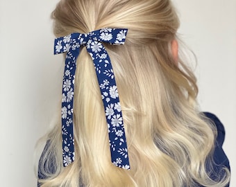 Liberty Print long hair bow - Girls Hair Bow - Liberty Hair Accessory - Hair Barrette - Long tail Bow - Gift for her - Fabric bows