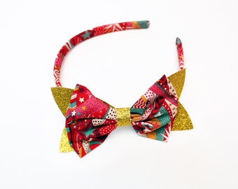 Girls Festive Bow - Christmas Hair Bow - Liberty Print - Glitter Alice band - Stocking Stuffer - Glittery - Christmas Decorations - Betsy