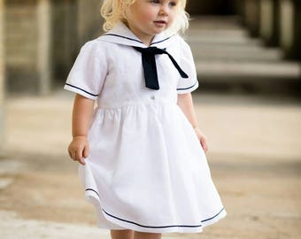 Girls Sailor Dress - Nautical Dress - White Christening Gown - Flower Girl Dress - Toddler Sailor Dress - Baby Baptism Gown