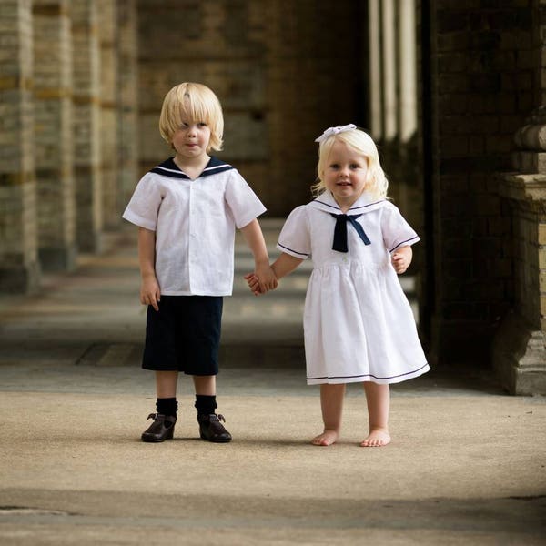 Matching girls and boys sailor outfit, sailor suit, boys sailor suit, baby sailor suit, sailor dress, flower girl and page boy outfit