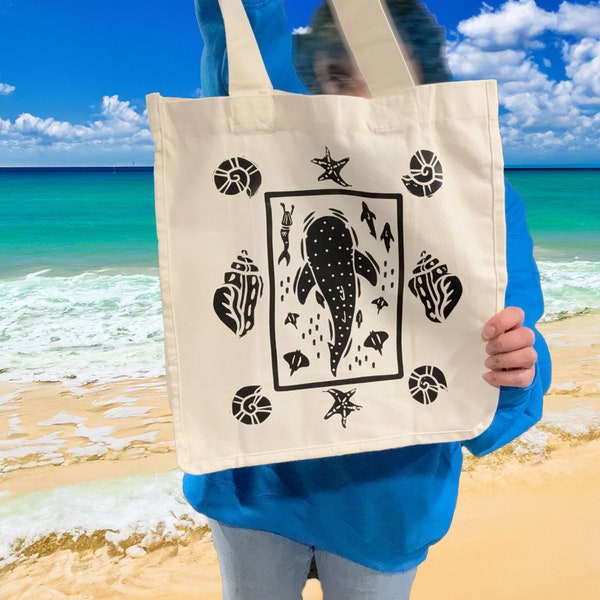 Underwater Whale Shark and Seashell - Double Sided - Reversible - Basic Tote Bag - Eco-Friendly