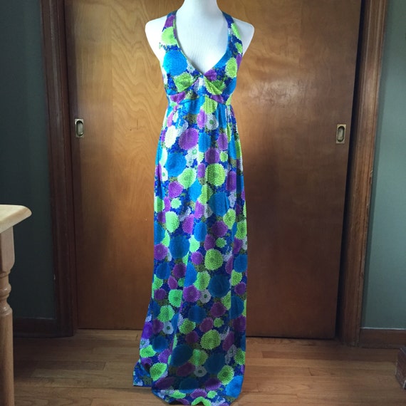 Early 70s psychedelic floral print maxi dress, siz
