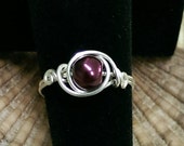 Wire wrapped Burgundy Glass Pearl Bead Ring