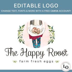 Peut inclure: Un logo avec une illustration &agrave; l'aquarelle d'une personne portant un panier d'&oelig;ufs. Le texte "The Happy Roost" est en &eacute;criture &eacute;l&eacute;gante, avec "farm fresh eggs" en dessous. Le design comprend des accents floraux et le texte "EDITABLE LOGO".