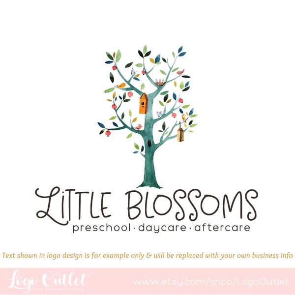 Aquarelle Tree & Birds Premade Logo Design et Blog Header -Web + Print + Watermark Files! Parfait pour boutique, garderie, préscolaire et plus!