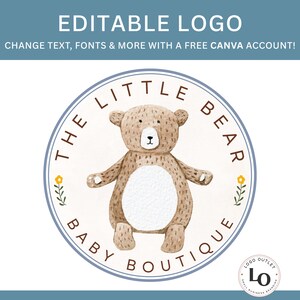 Puede incluir: Un logotipo para una boutique de beb&eacute;s con una ilustraci&oacute;n de acuarela de un oso de peluche marr&oacute;n con la barriga blanca, rodeado de un c&iacute;rculo azul con el texto "The Little Bear Baby Boutique".