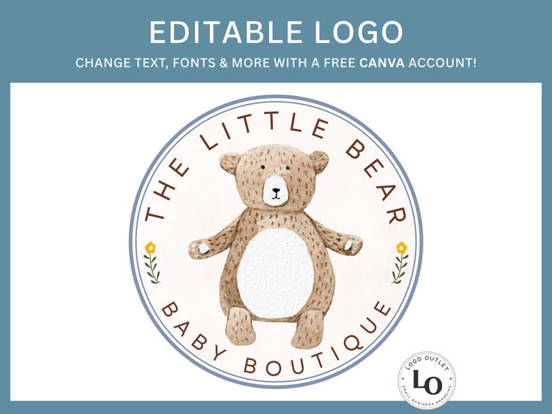 Puede incluir: Un logotipo para una boutique de beb&eacute;s con una ilustraci&oacute;n de acuarela de un oso de peluche marr&oacute;n con la barriga blanca, rodeado de un c&iacute;rculo azul con el texto "The Little Bear Baby Boutique".