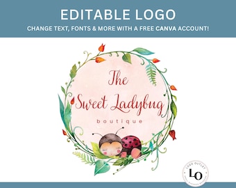 Plantilla de logotipo de mariquita editable: plantilla de Canva para hacer tú mismo para boutiques, diseñadores, tiendas de regalos, fotógrafos y más: ¡fácil de personalizar en Canva!