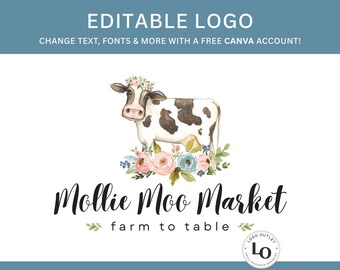 Plantilla de logotipo de vaca floral: Diseño de Canva estilo granja DIY (Descarga digital)