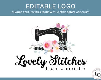 Editable Floral Sewing Machine Logo Template – DIY Canva Template for Boutique, Handmade Studio & More – Easy to Customize in Canva!