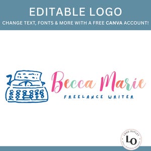 Puede incluir: Dise&ntilde;o de logotipo editable con una ilustraci&oacute;n de m&aacute;quina de escribir azul y el texto "Becca Marie Freelance Writer" en letras rosa, naranja y verde.