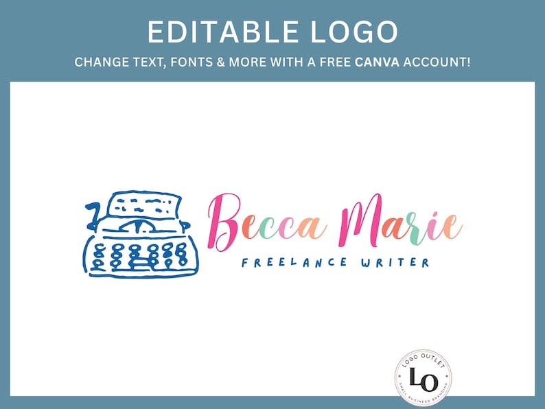 Puede incluir: Dise&ntilde;o de logotipo editable con una ilustraci&oacute;n de m&aacute;quina de escribir azul y el texto "Becca Marie Freelance Writer" en letras rosa, naranja y verde.