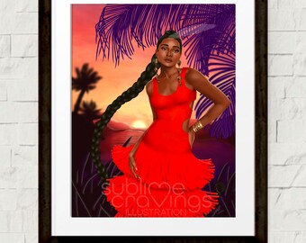 Fashion illustration - Fashion art print - Tangerine Fringe - Tropical Vibes - Sunset