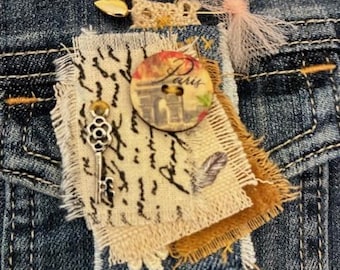 FREE SHIPPING: Textile brooch, art pin, mixed media brooch, jacket accessory, lapel pin, handstitched pin, slow stitched pin, art pin