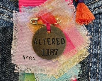 FREE SHIPPING: Textile brooch, art pin, mixed media pin, jacket accessory, lapel pin, handstitched, slow stitched pin, art pin, boho, hippie