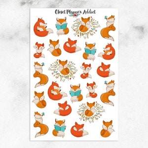 Red Fox Sticker Sheet original Cute Chibi Scrapbooking Floral Fluffy Fun  Gift 