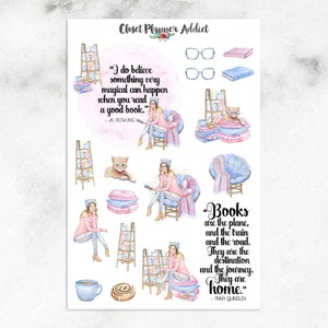 Plannerstickers voor boekenliefhebbers | Aquarelboeken | Boekenstickers | Ontspan met een boek | Aquarelstickers | Wordt momenteel gelezen (S-259)
