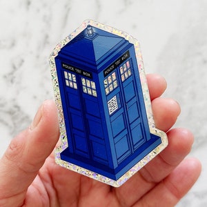 English Blue Police Box Glitter Vinyl Die Cut Stickers | Doctor Who | Tardis Stickers | Glitter Stickers (VN-006)