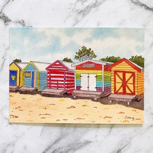 Brighton Badekästen Postkarte | Handgezeichnet Postkarte | Bordeaux Postkarte | Postcrossing | Australische Postkarte | Strand Boxen (PC-029)