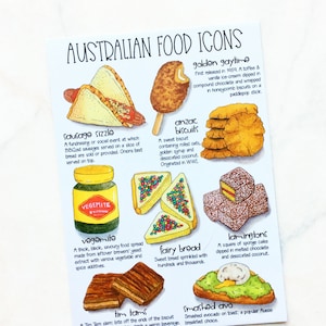Cartão postal com ícones da comida australiana | Cartão postal desenhado à mão | Comida australiana | Cartão postal em aquarela | Cartão postal esboçado | Postcrossing (PC-002)