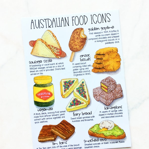 Australian Food Icons Postcard | Hand Drawn Postcard | Aussie Food | Watercolour Postcard | Sketched Postcard | Postcrossing (PC-002)