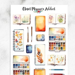 Adesivos de planejador de suprimentos de arte em aquarela | Adesivos de caderno de desenho | Adesivos de arte | Adesivos de paleta de aquarela | Adesivos florais (S-683)