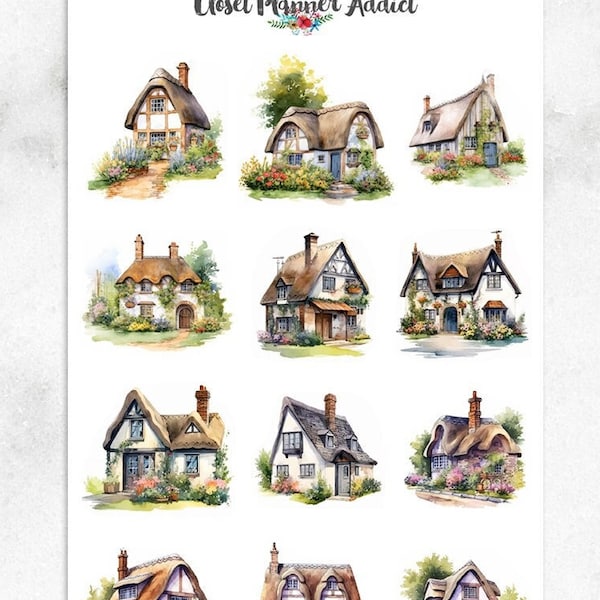 Watercolour English Cottages Planner Stickers | Cottage Stickers | Country House Stickers (MGB-JUL2023)