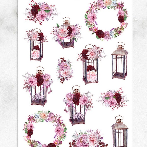 Watercolour Floral Lamps Planner Stickers | Watercolour Flowers | Blue Pink Flowers | Watercolour Stickers | Floral Stickers (S-250)