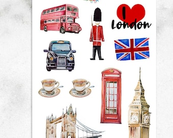 J'aime les autocollants de l'agenda de Londres | Stickers Londres | Autocollants de voyage | Cabine téléphonique rouge | Cabine noire | Stickers Tower Bridge | Big Ben (S-466)